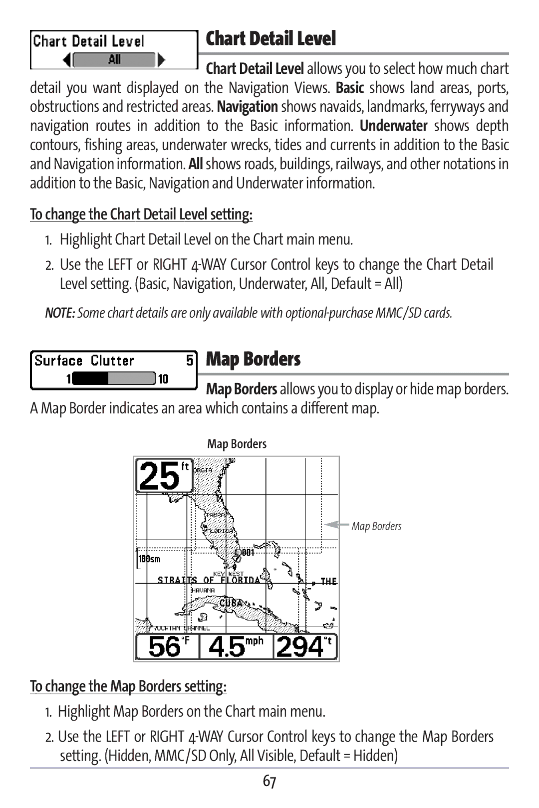 Humminbird 383c manual To change the Chart Detail Level setting, To change the Map Borders setting 