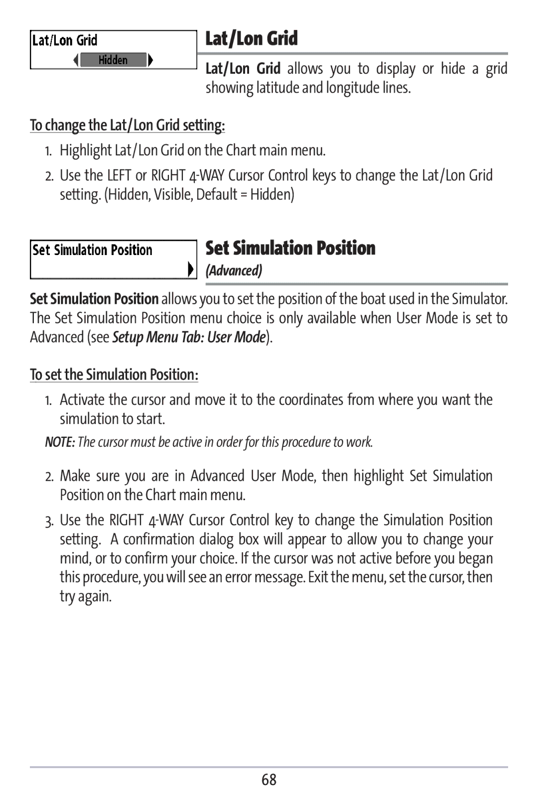 Humminbird 383c manual Set Simulation Position, To change the Lat/Lon Grid setting, To set the Simulation Position 