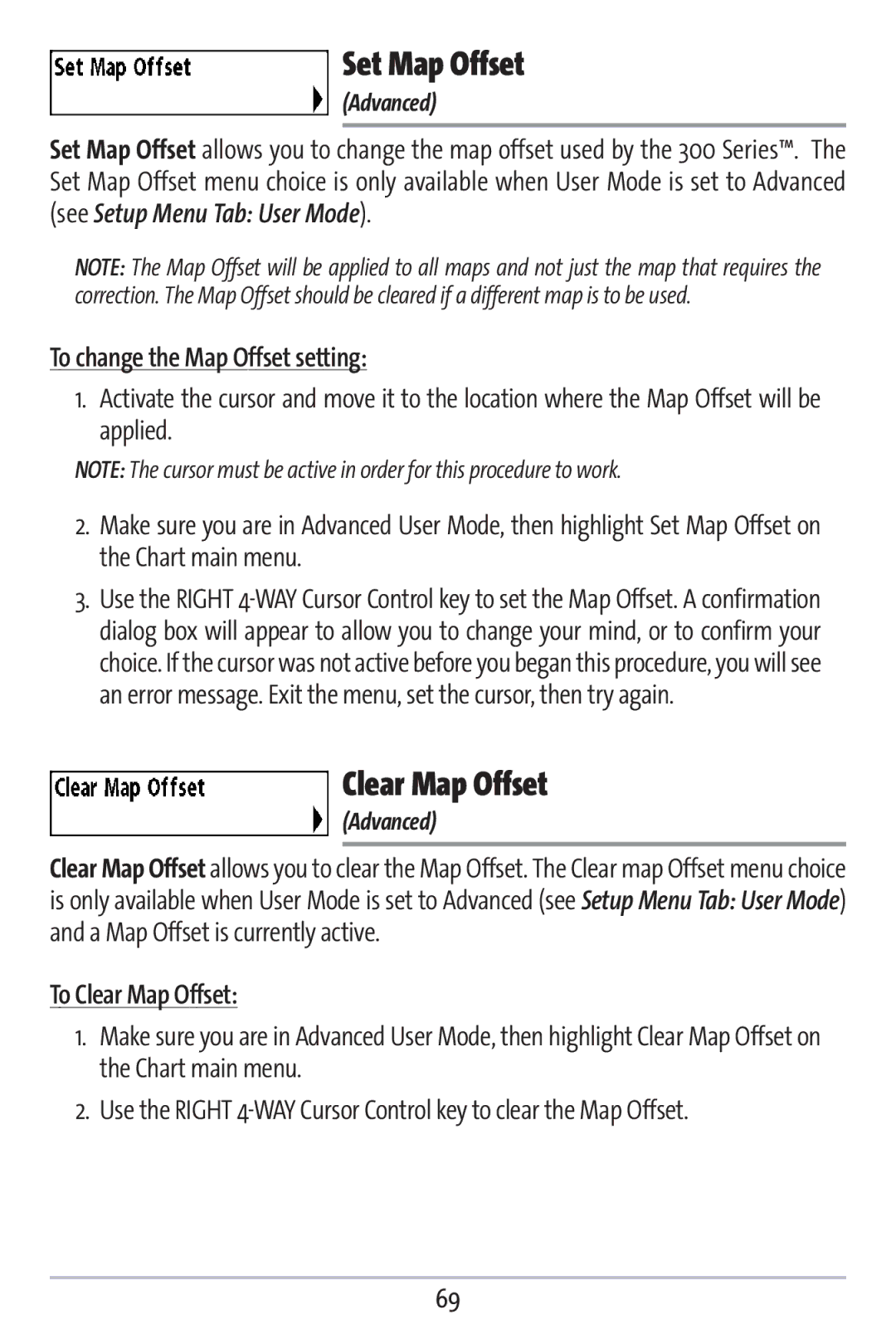 Humminbird 383c manual Set Map Offset, To change the Map Offset setting, To Clear Map Offset 