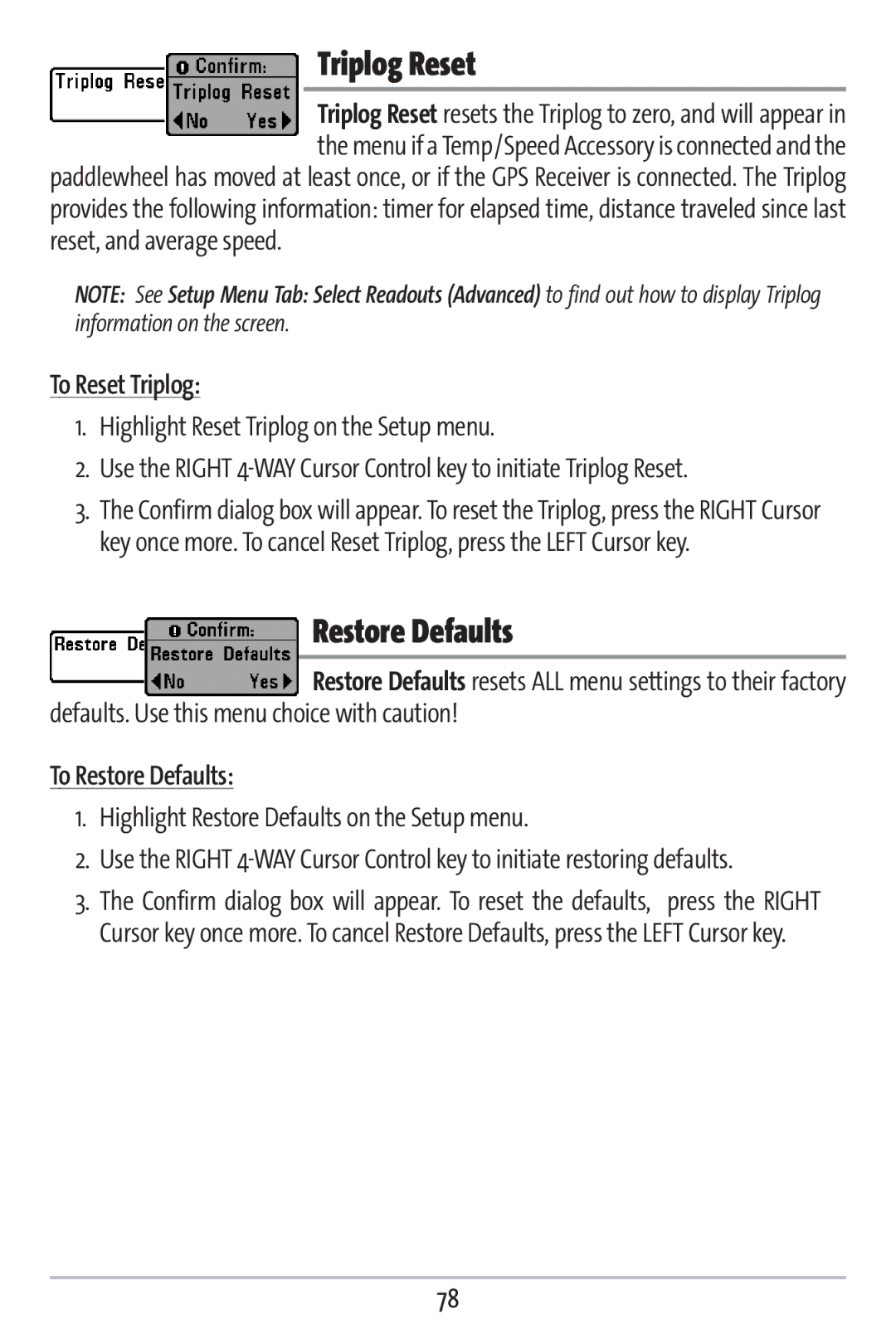 Humminbird 383c manual Triplog Reset, To Reset Triplog, To Restore Defaults 