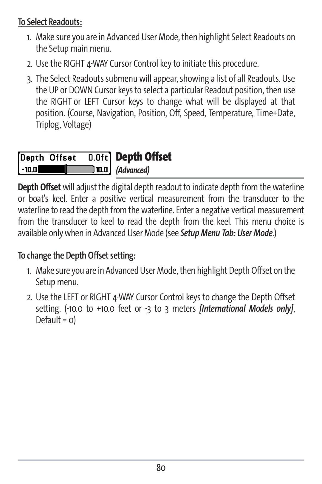 Humminbird 383c manual To Select Readouts, To change the Depth Offset setting 