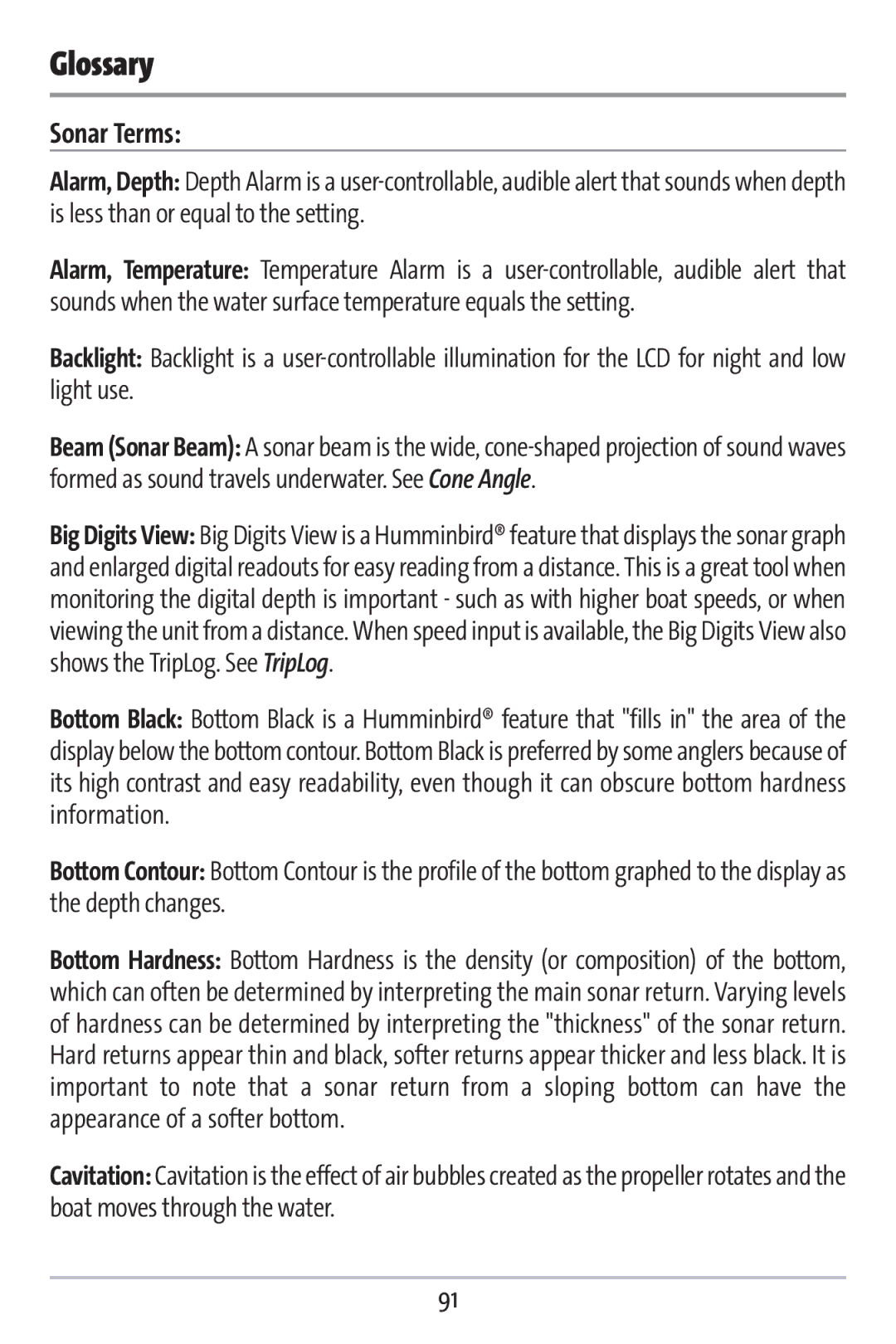 Humminbird 383c manual Glossary, Sonar Terms 