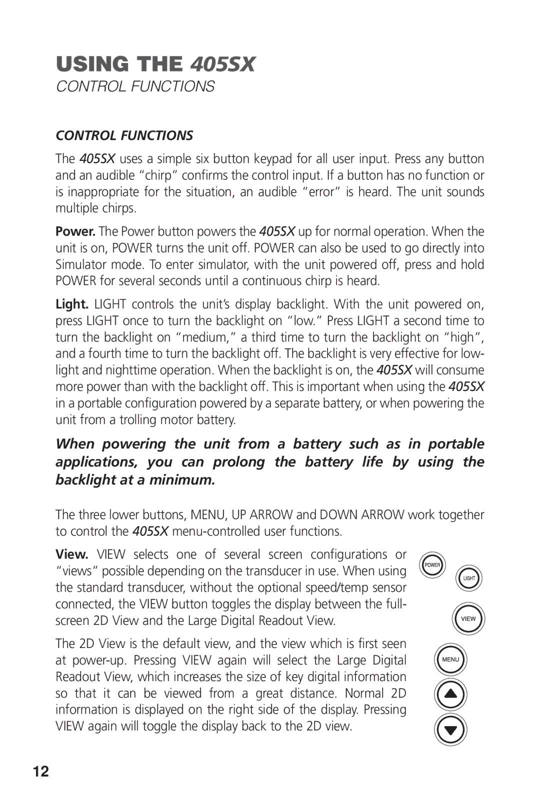 Humminbird 405SX manual Control Functions 