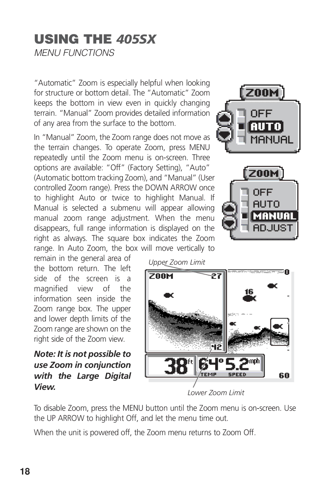 Humminbird 405SX manual Bottom return. The left Side of the screen is a, Lower Zoom Limit 