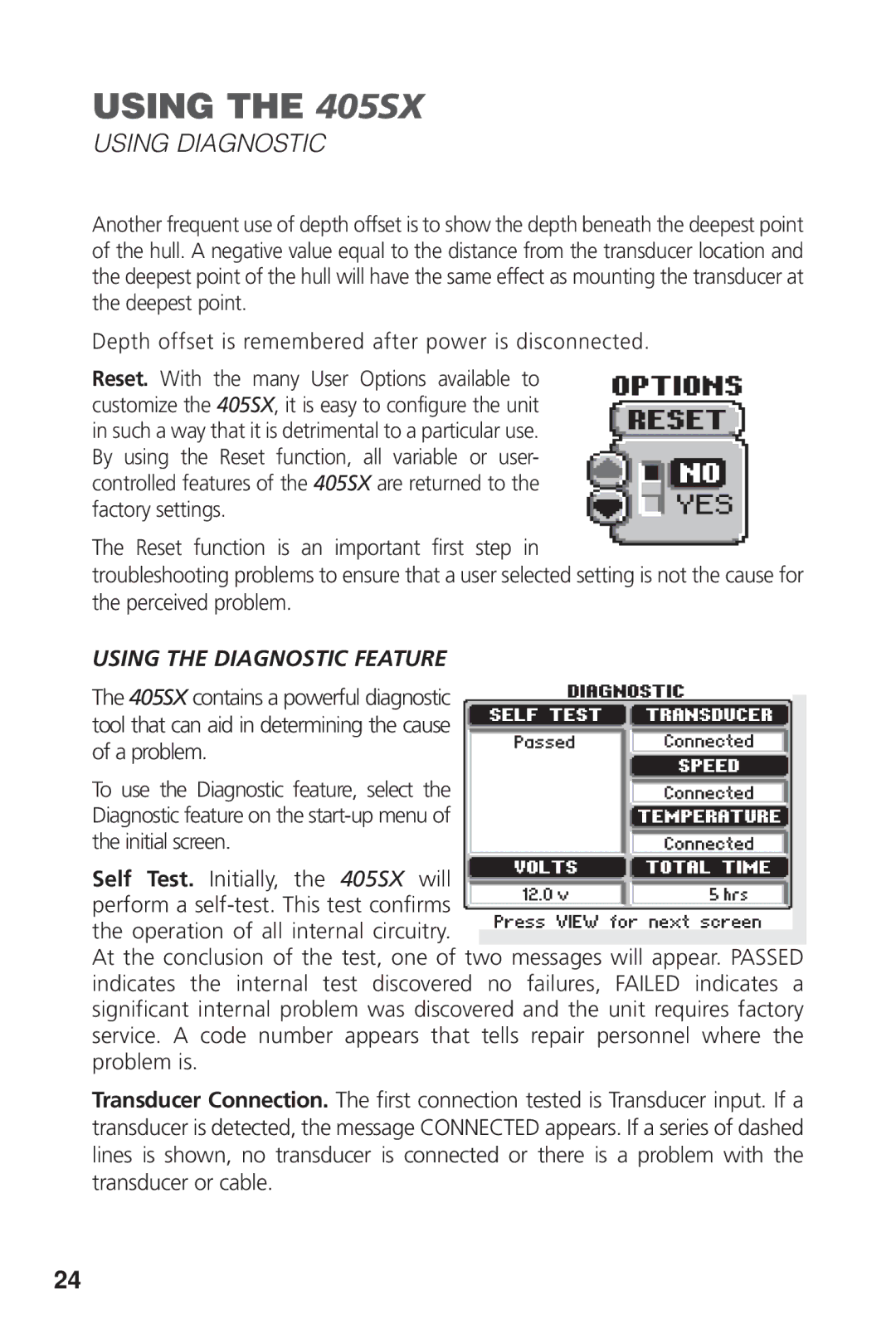 Humminbird 405SX manual Using Diagnostic, Using the Diagnostic Feature 