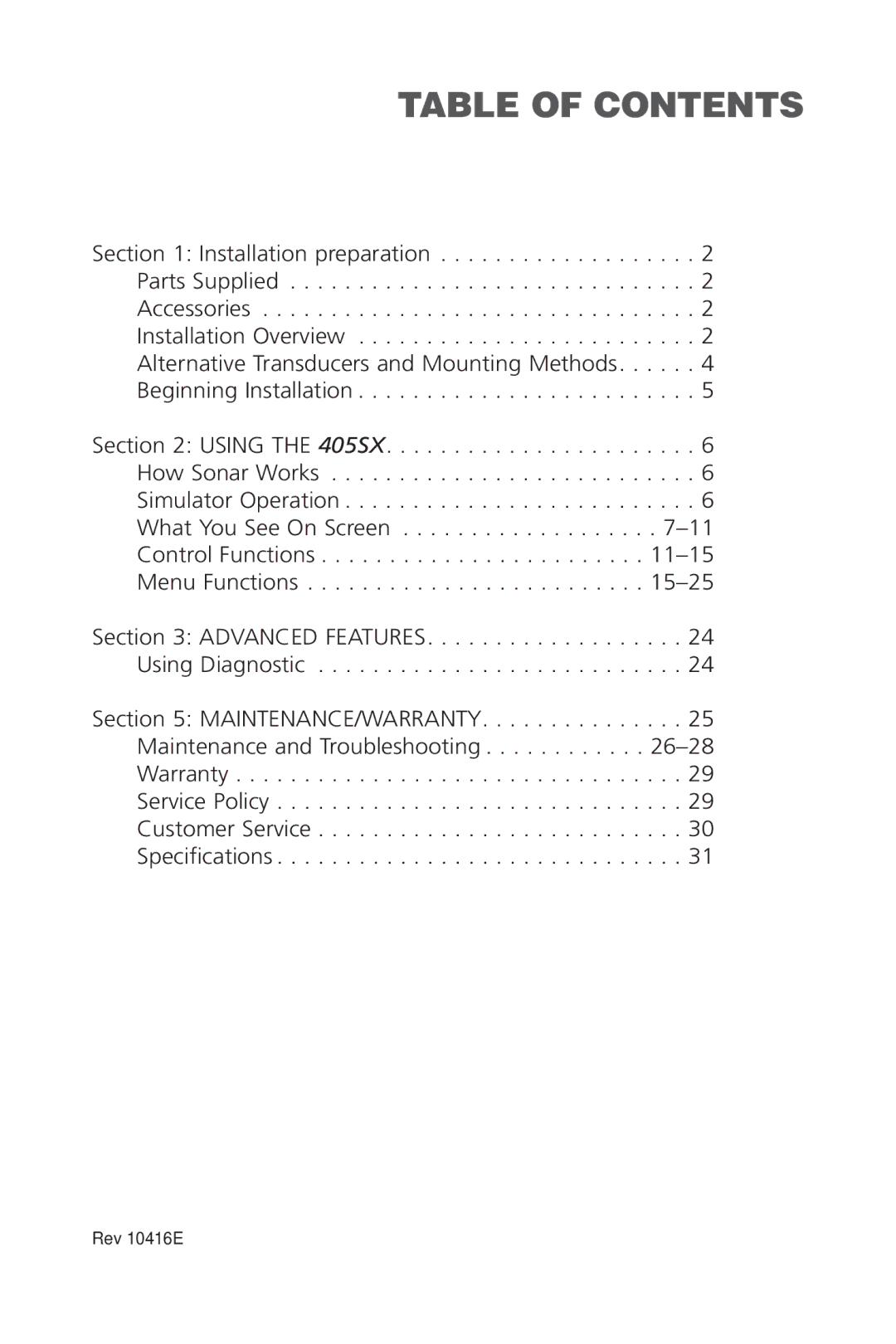 Humminbird 405SX manual Table of Contents 