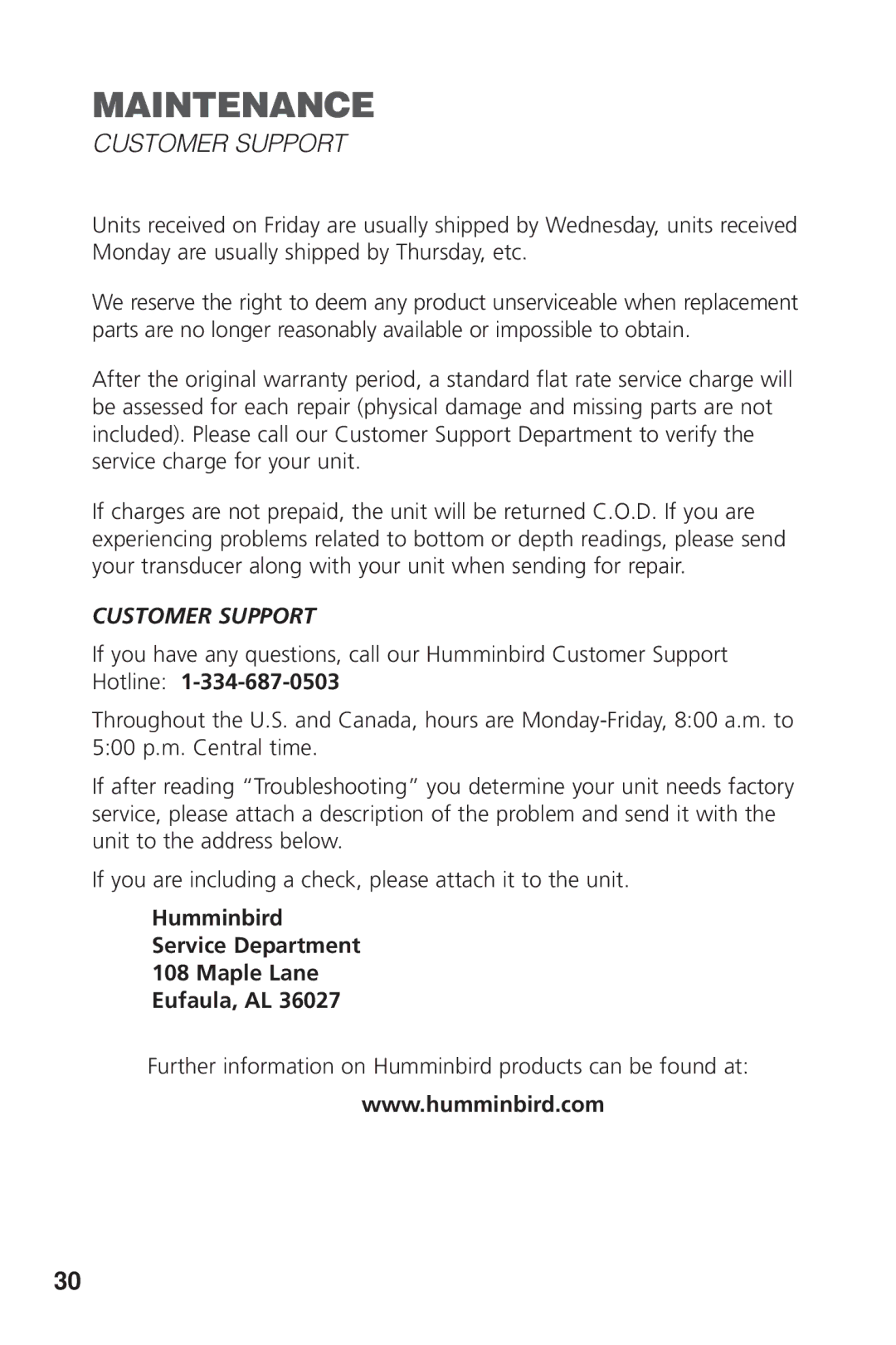 Humminbird 405SX manual Customer Support, Further information on Humminbird products can be found at 