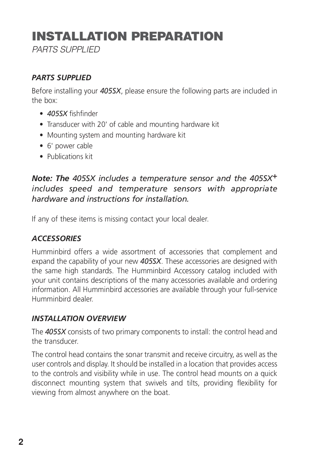 Humminbird 405SX manual Installation Preparation, Parts Supplied, Accessories, Installation Overview 