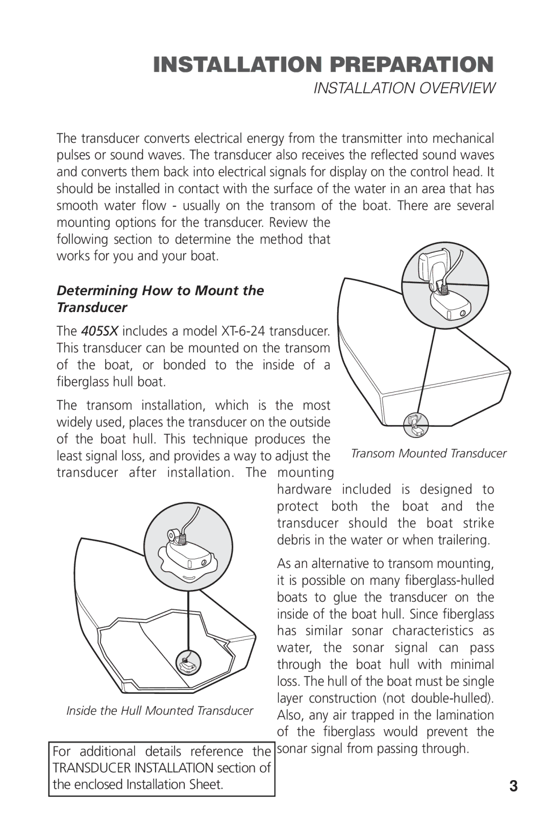 Humminbird 405SX manual Installation Overview, Determining How to Mount Transducer 