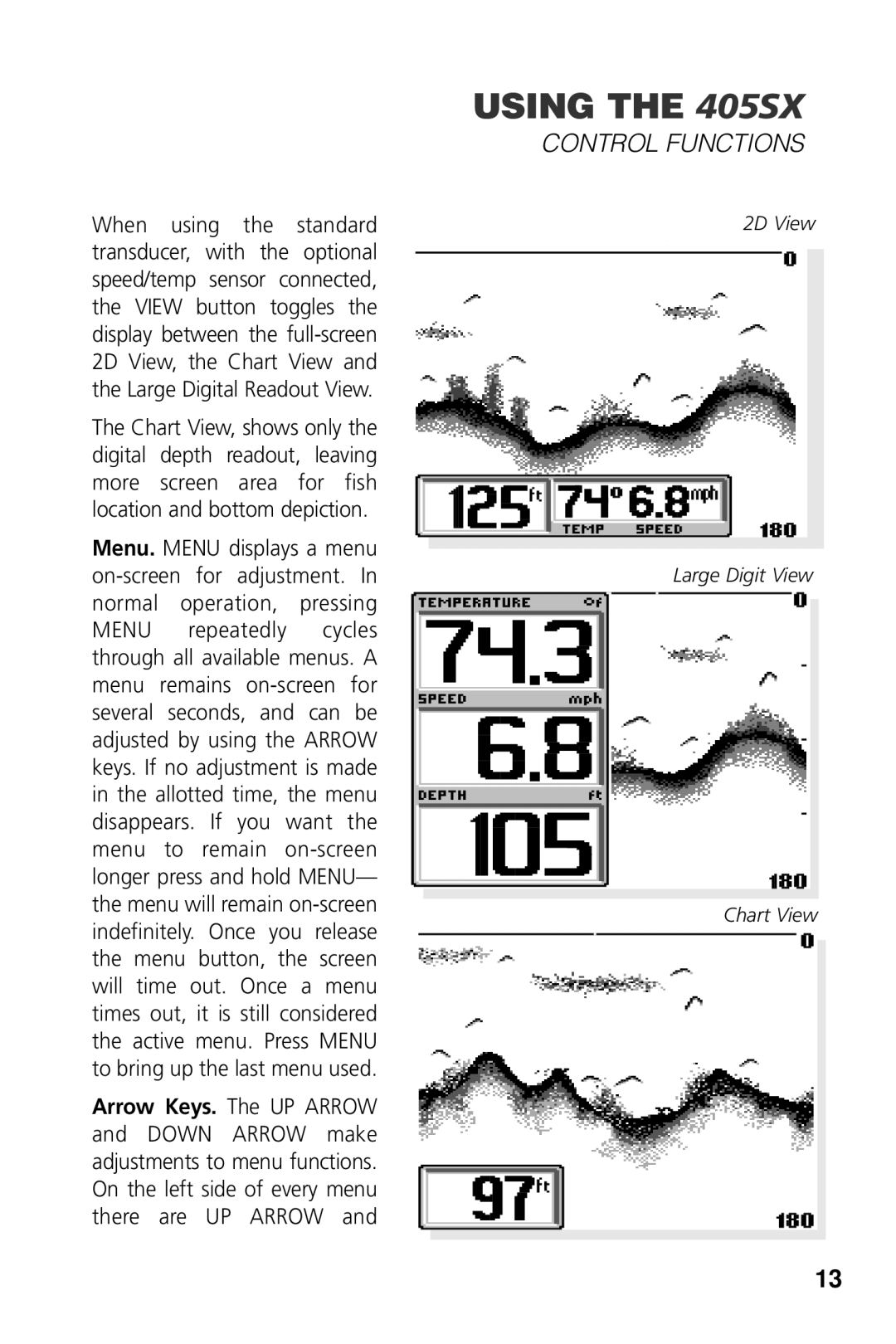 Humminbird manual USING THE 405SX, Control Functions, 2D View Large Digit View Chart View 