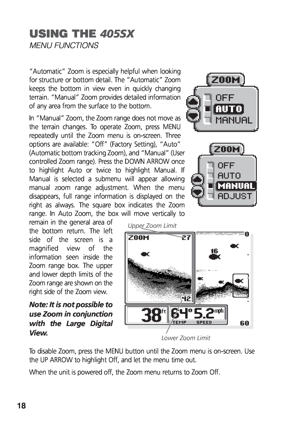 Humminbird manual USING THE 405SX, Menu Functions, the bottom return. The left side of the screen is a, Lower Zoom Limit 