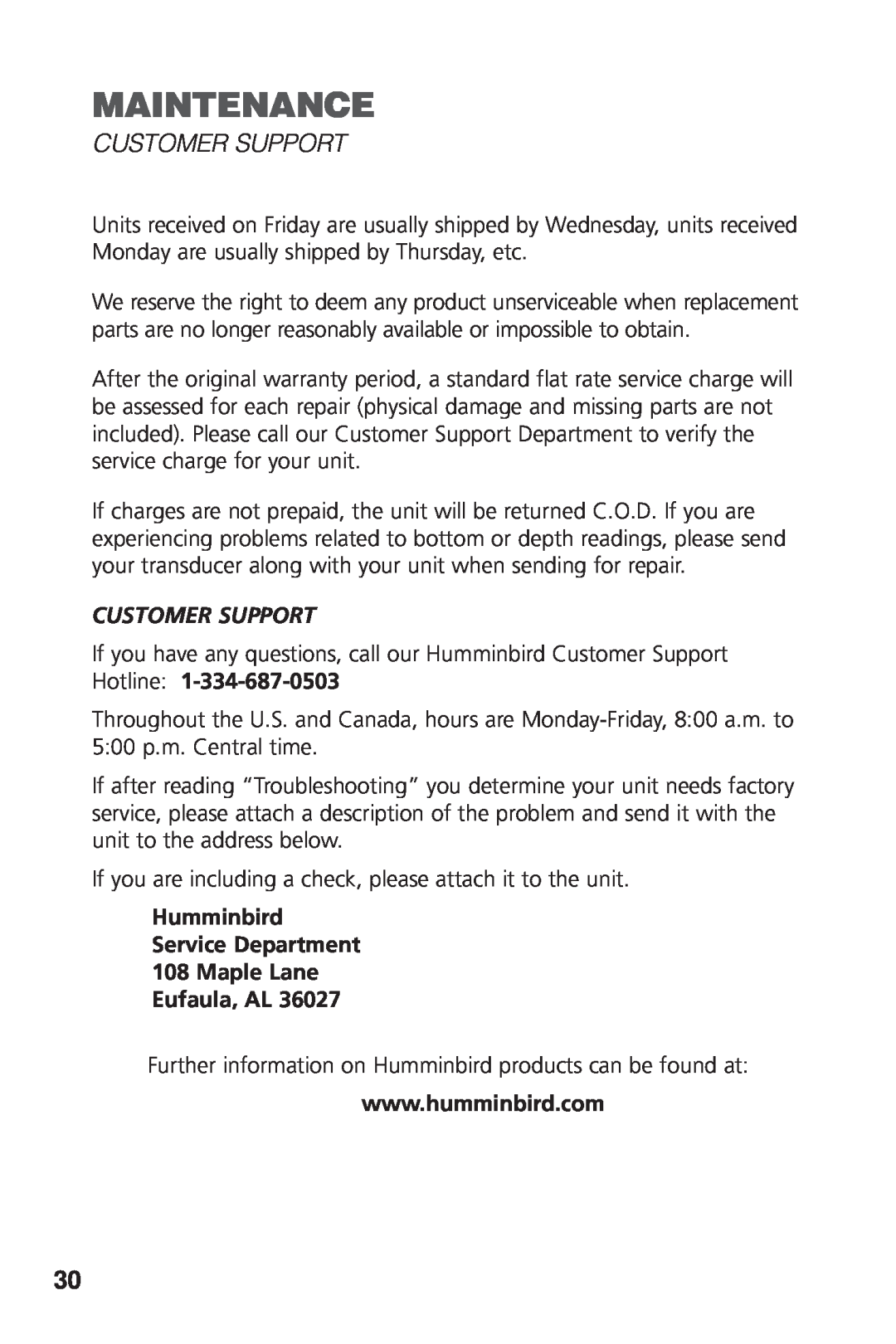 Humminbird 405SX manual Customer Support, Humminbird Service Department 108 Maple Lane Eufaula, AL, Maintenance 