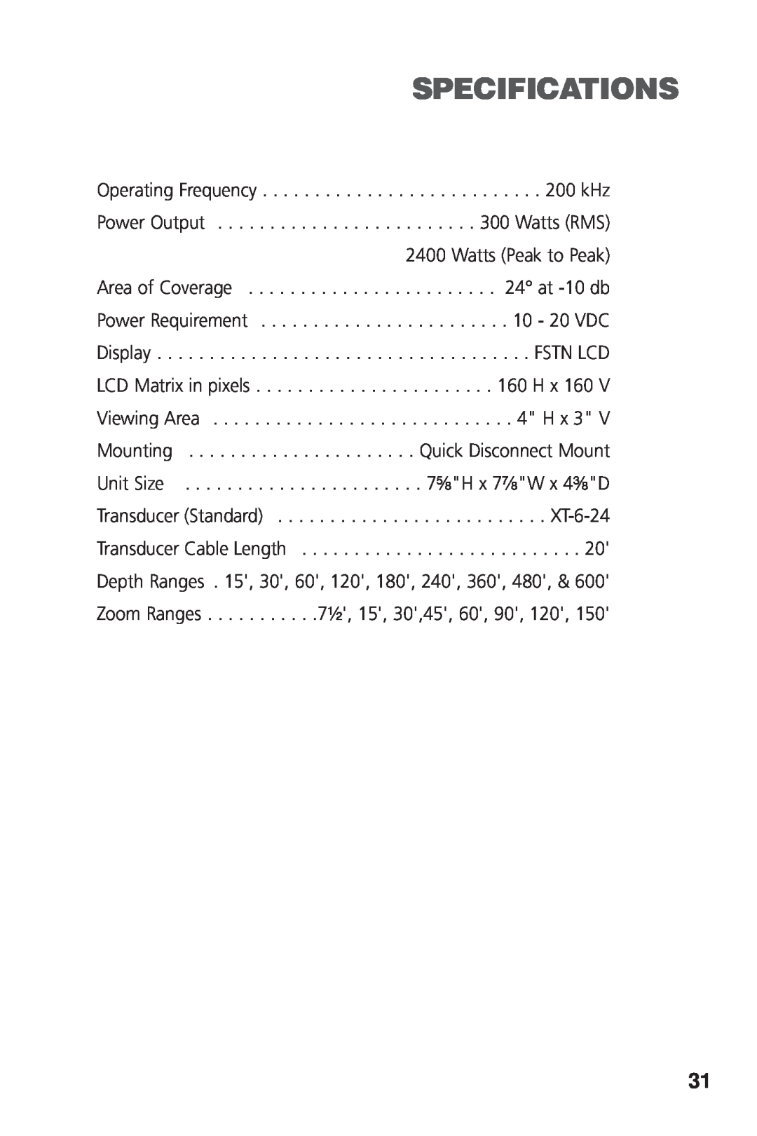 Humminbird 405SX manual Specifications 