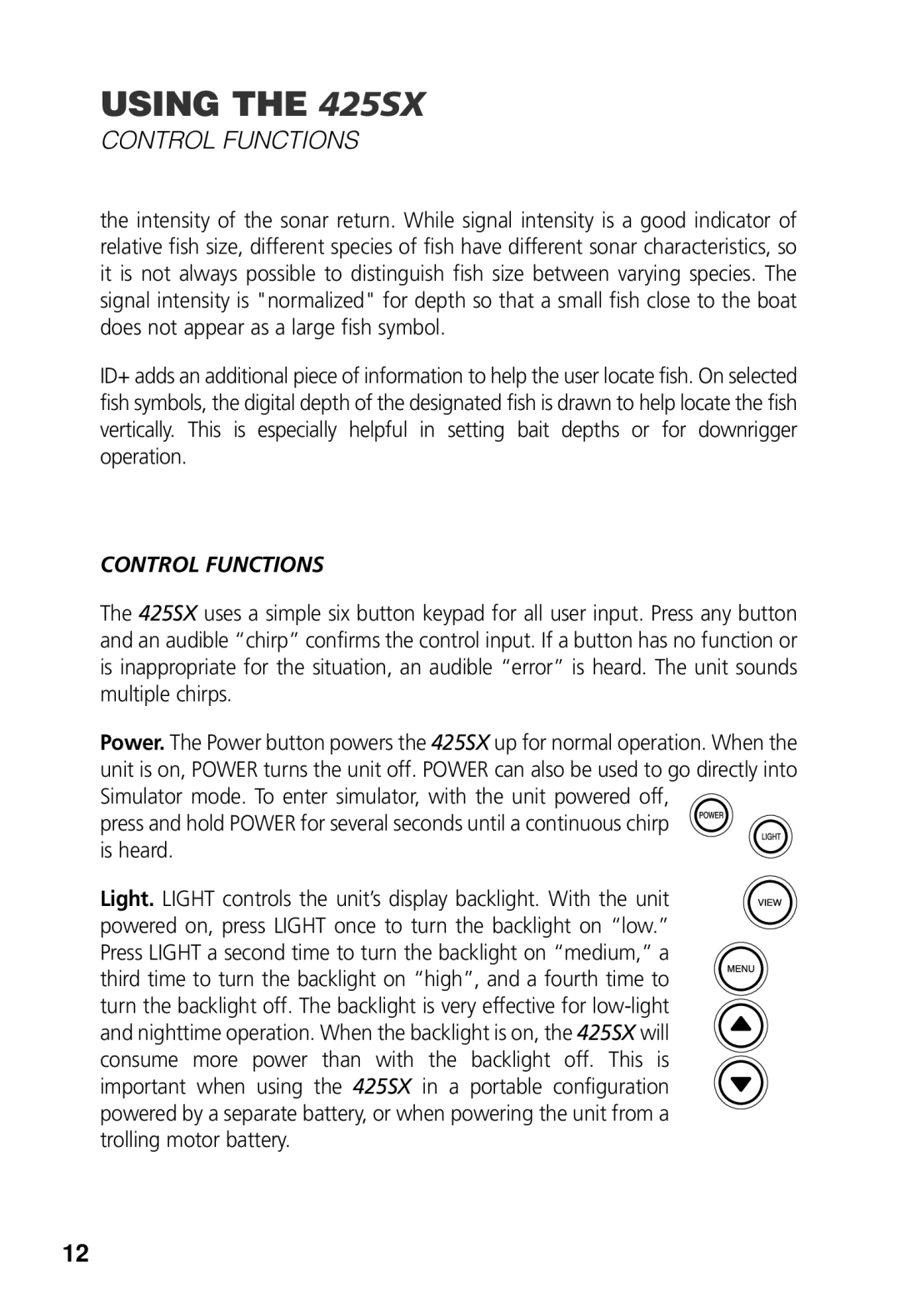 Humminbird 425 SX manual Control Functions 