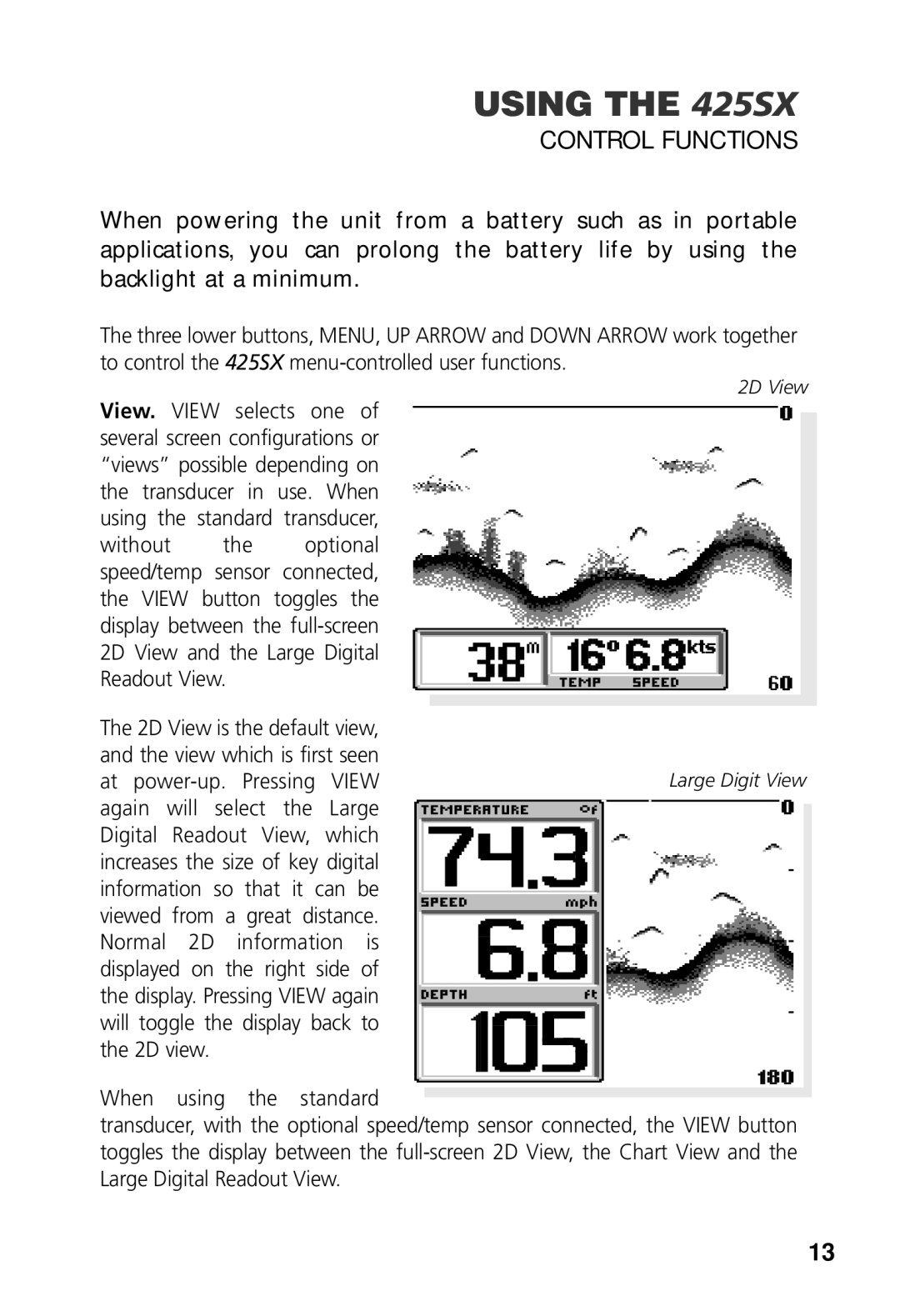 Humminbird 425 SX manual Large Digit View 