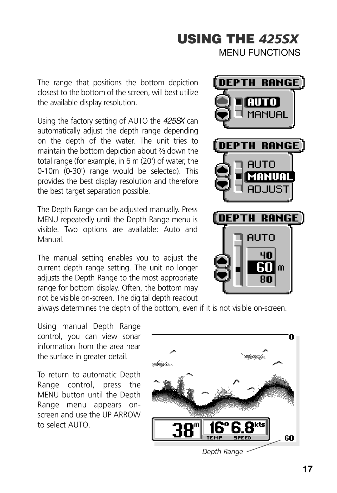 Humminbird 425 SX manual Depth Range 