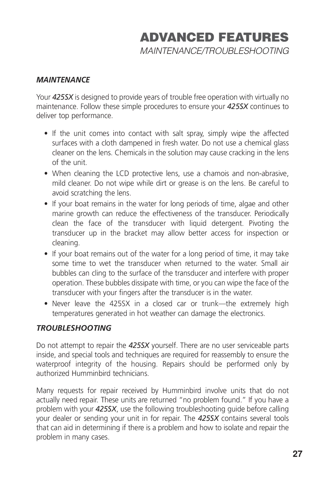 Humminbird 425 SX manual Maintenance/Troubleshooting 