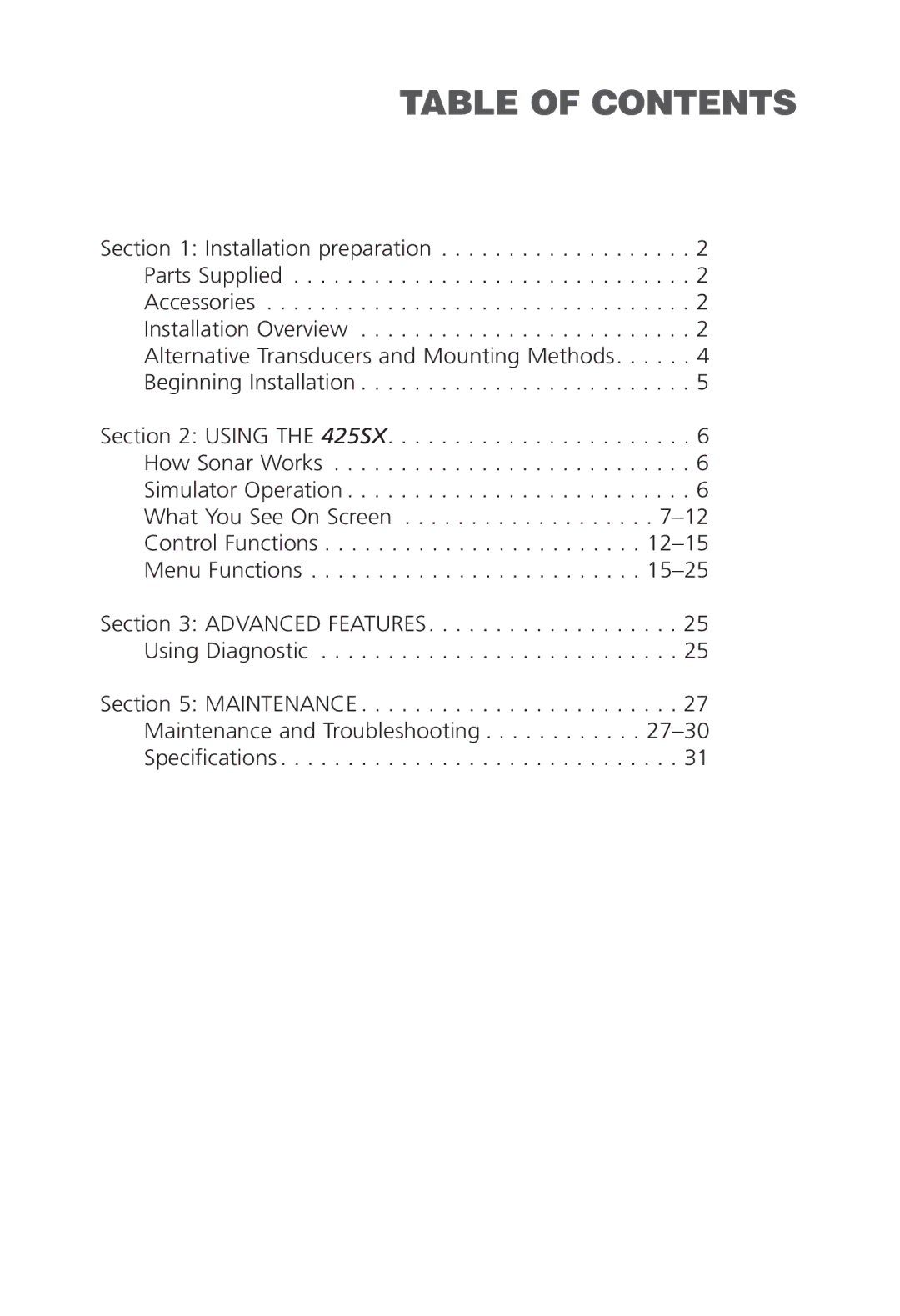 Humminbird 425 SX manual Table of Contents 