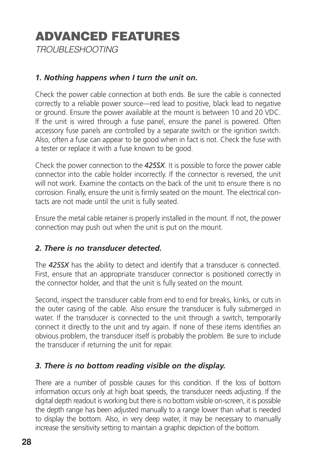 Humminbird 425 SX manual Troubleshooting, Nothing happens when I turn the unit on, There is no transducer detected 