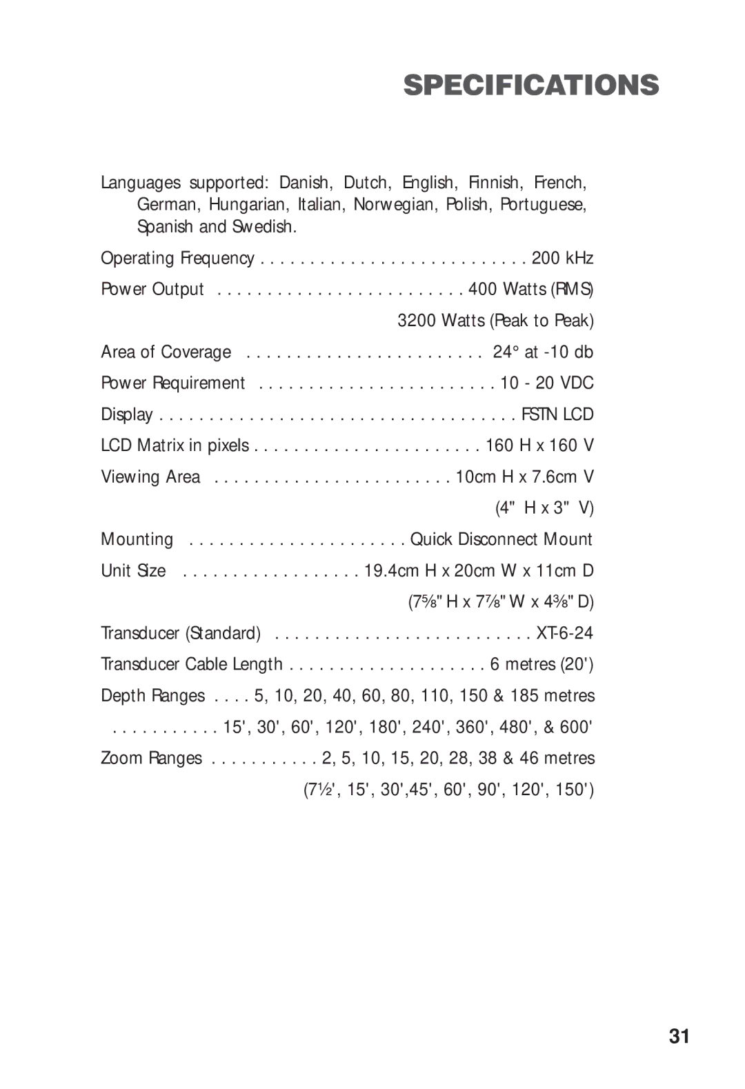 Humminbird 425 SX manual Specifications 