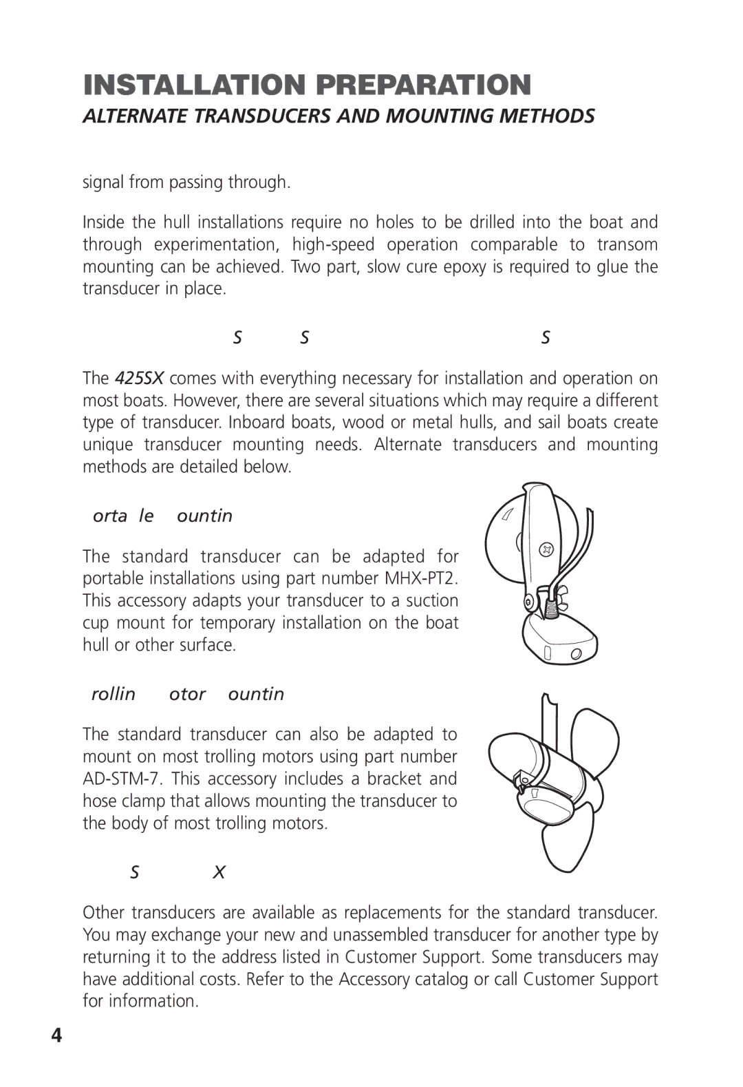Humminbird 425 SX manual Alternate Transducers and Mounting Methods, Portable Mounting, Trolling Motor Mounting 