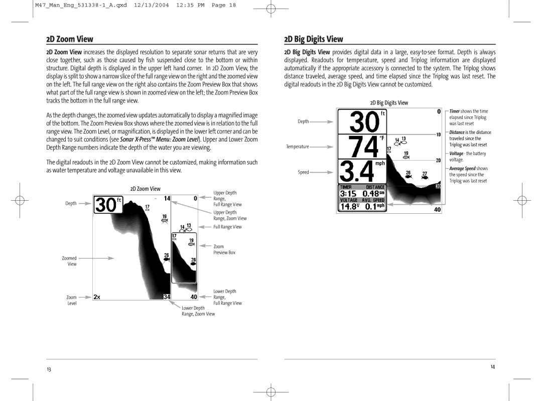 Humminbird 47, 531338-1_A manual 2D Zoom View, 2D Big Digits View 