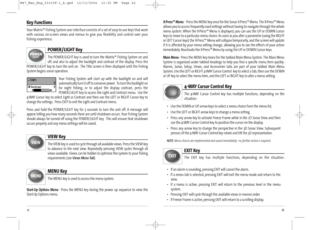 Humminbird 47, 531338-1_A manual Key Functions, POWER/LIGHT Key, View Key, Menu Key, WAY Cursor Control Key, Exit Key 