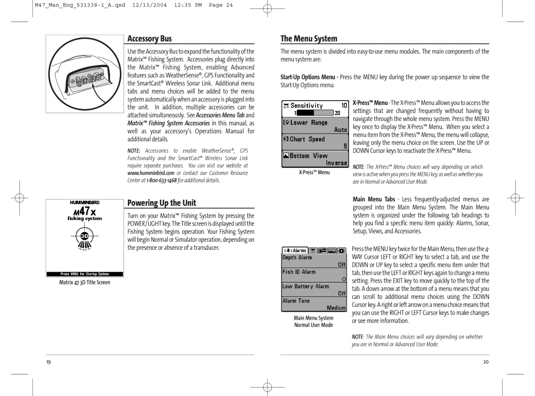 Humminbird 531338-1_A manual Accessory Bus, Menu System, Powering Up the Unit, Matrix 47 3D Title Screen 