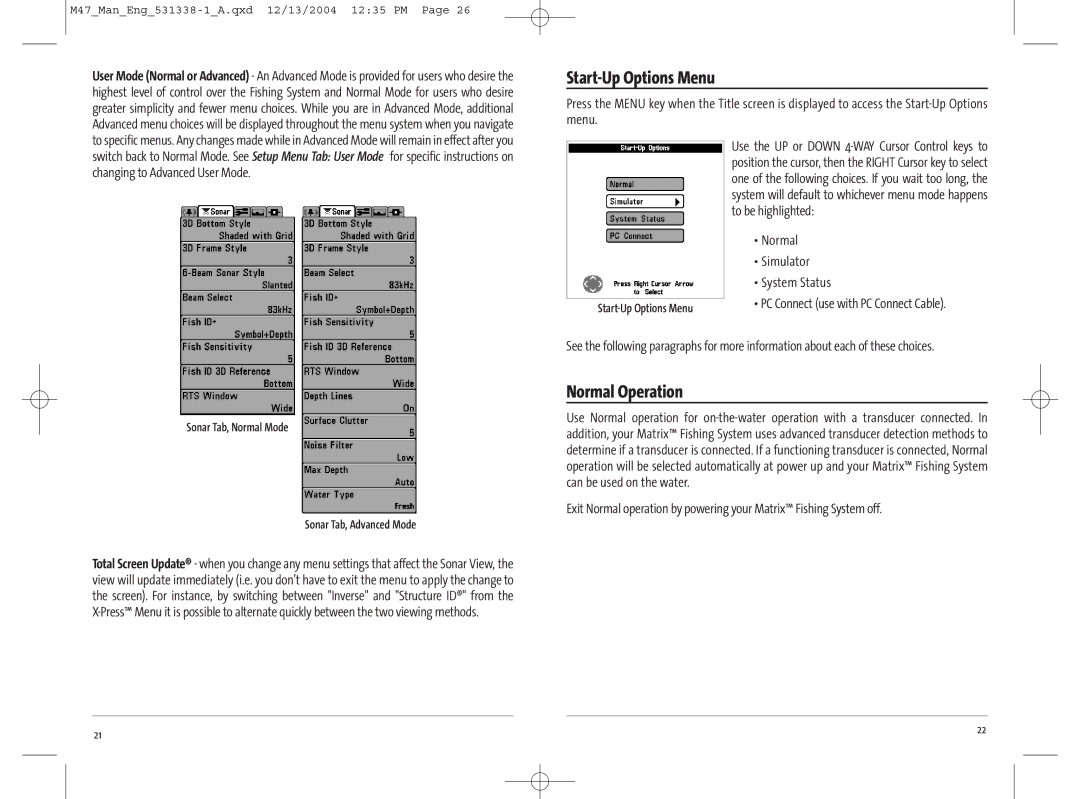 Humminbird 47, 531338-1_A manual Start-Up Options Menu, Normal Operation 