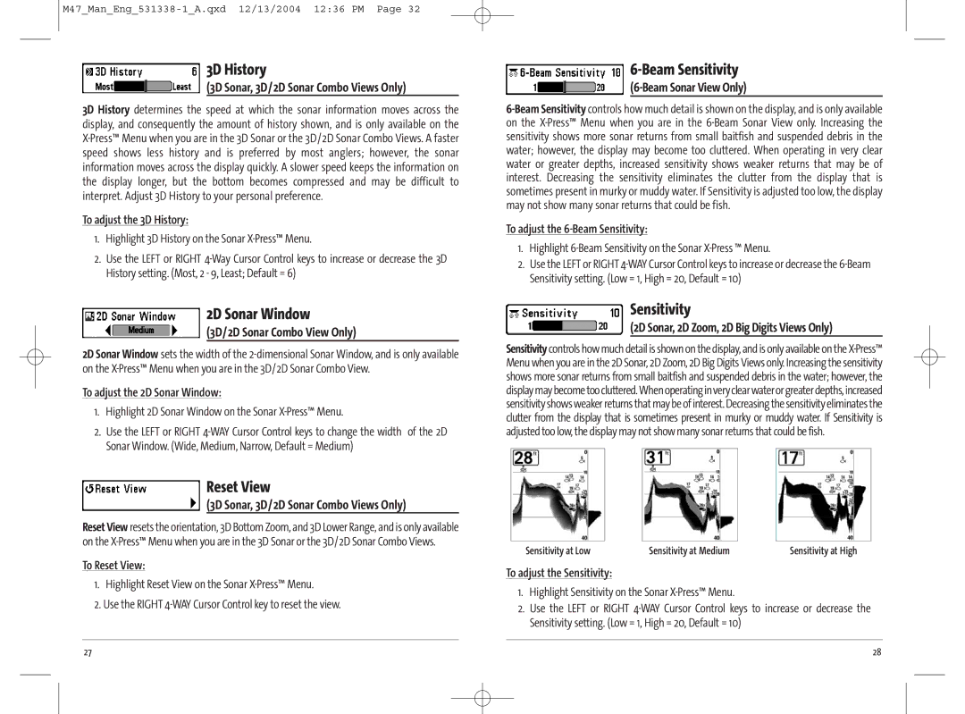 Humminbird 531338-1_A, 47 manual 3D History, 2D Sonar Window, Reset View, Beam Sensitivity 