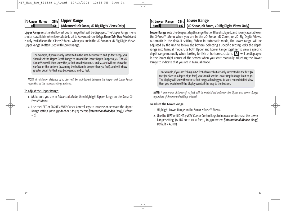 Humminbird 47, 531338-1_A manual Lower Range, Advanced 2D Sonar, 2D Big Digits Views Only, To adjust the Upper Range 