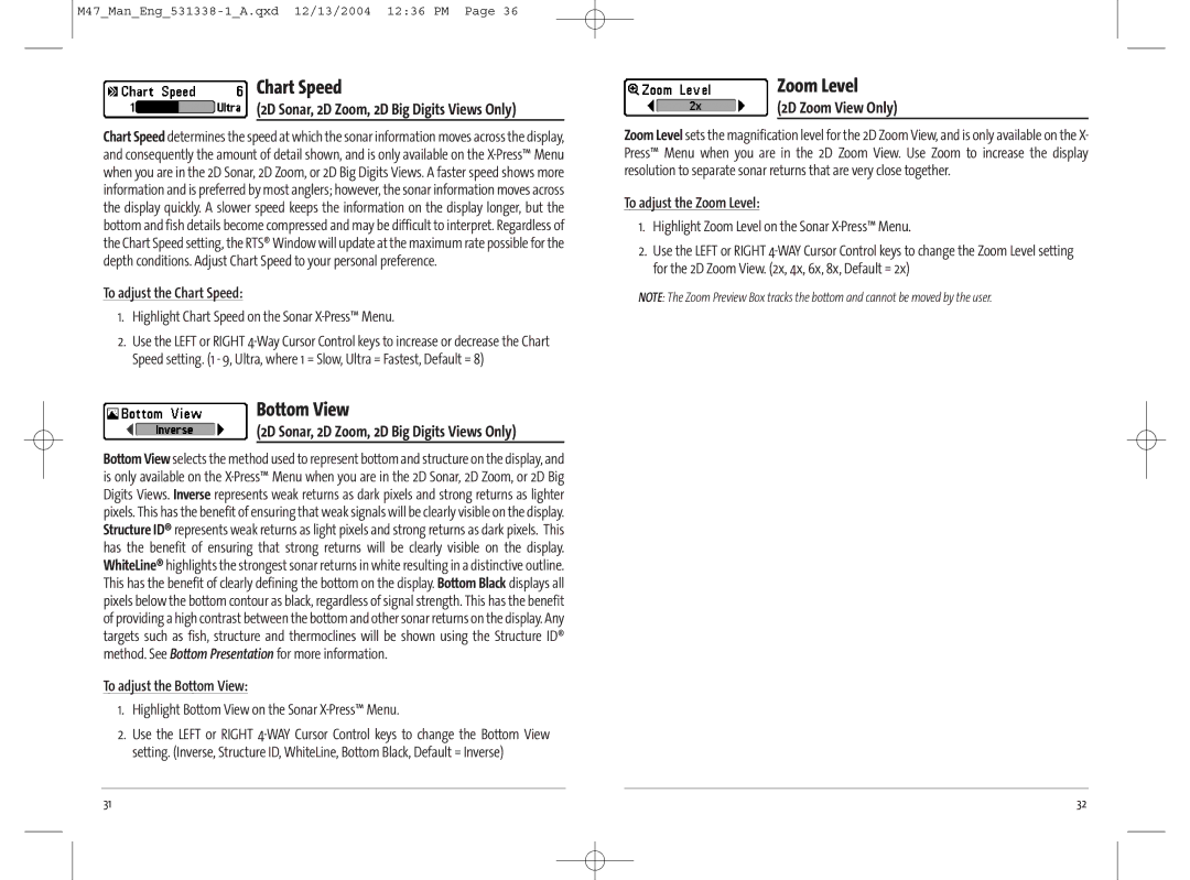 Humminbird 531338-1_A, 47 manual Chart Speed, Bottom View, Zoom Level 