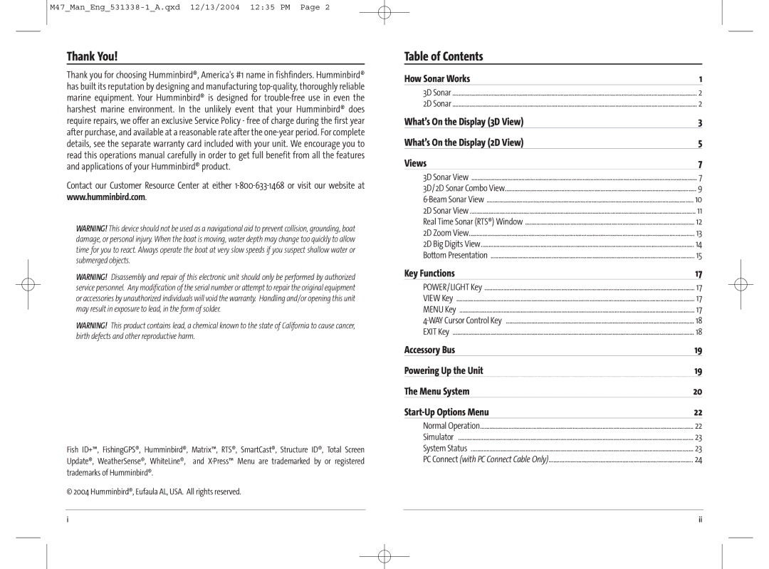 Humminbird 47, 531338-1_A manual Thank You, Table of Contents 