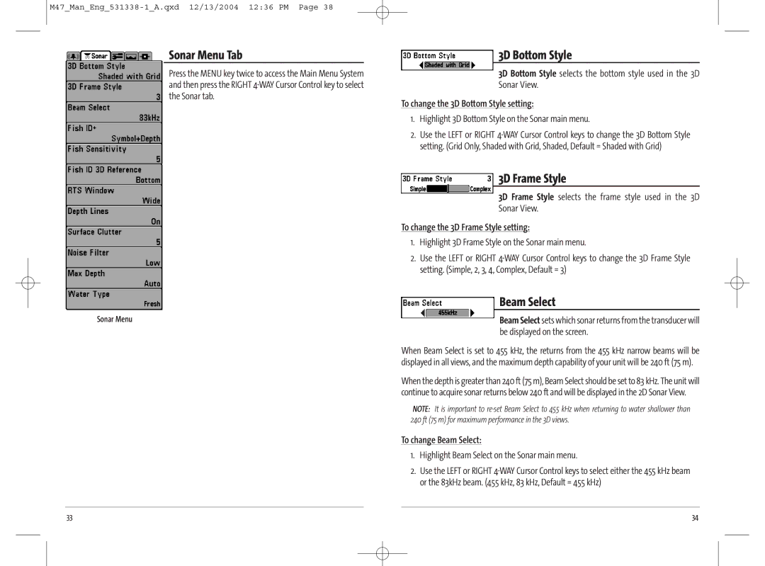 Humminbird 47, 531338-1_A manual Sonar Menu Tab, 3D Bottom Style, 3D Frame Style, Beam Select 
