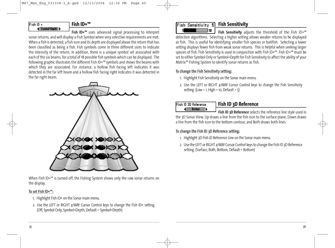 Humminbird 531338-1_A, 47 manual Fish ID+, Fish Sensitivity, Fish ID 3D Reference 
