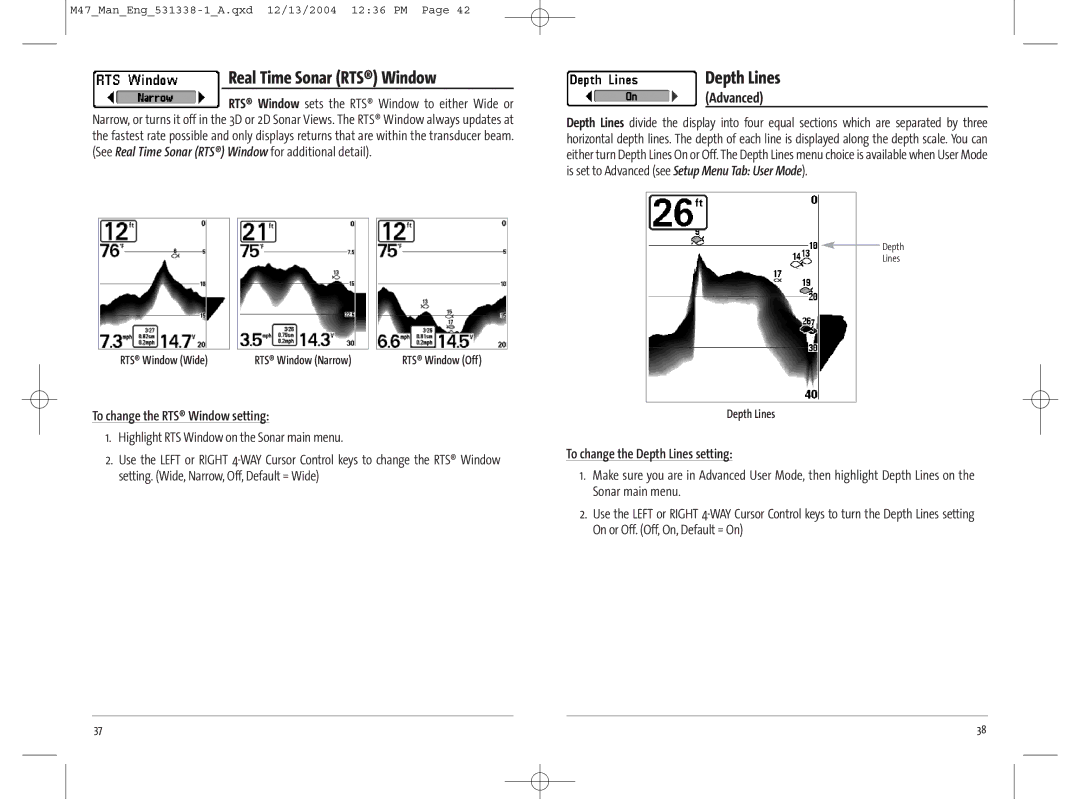 Humminbird 47 manual Depth Lines, To change the RTS Window setting, Highlight RTS Window on the Sonar main menu, Advanced 