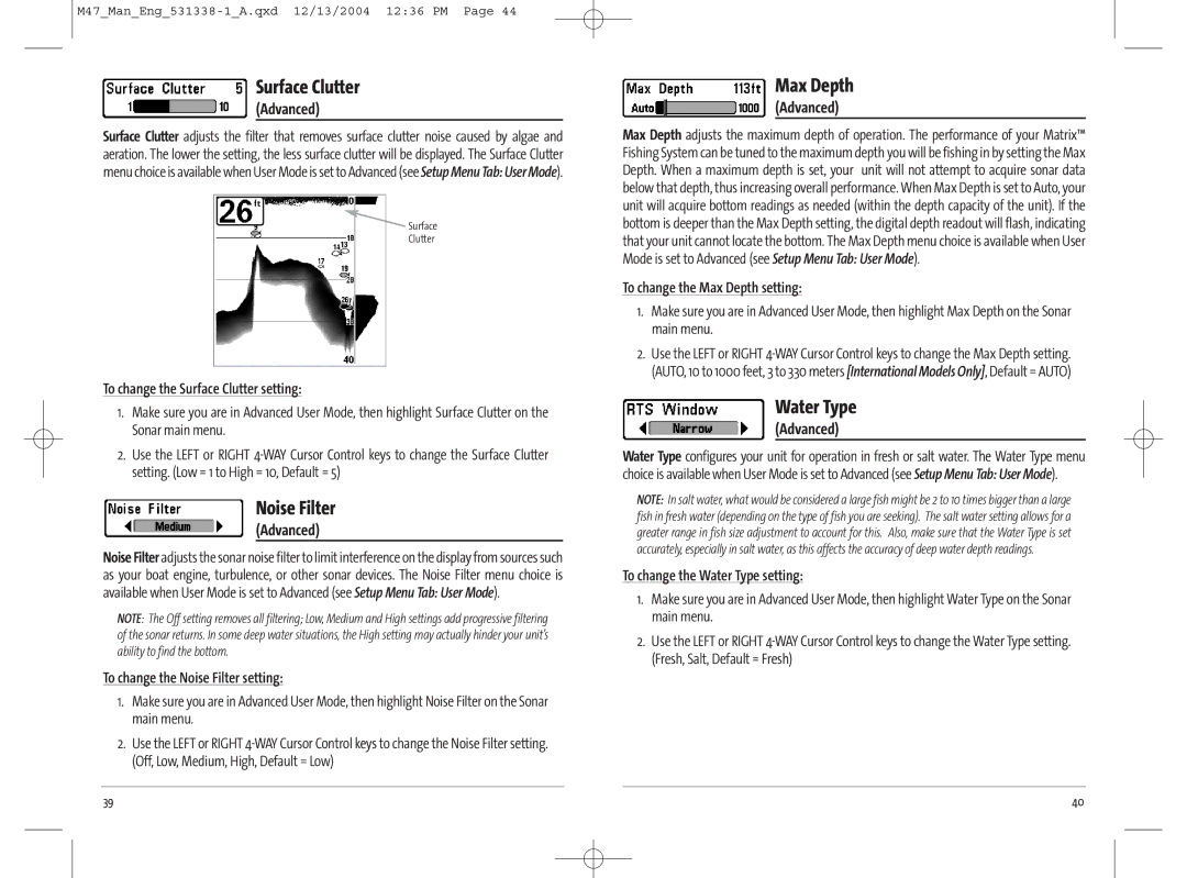 Humminbird 531338-1_A, 47 manual Surface Clutter, Noise Filter, Max Depth, Water Type 