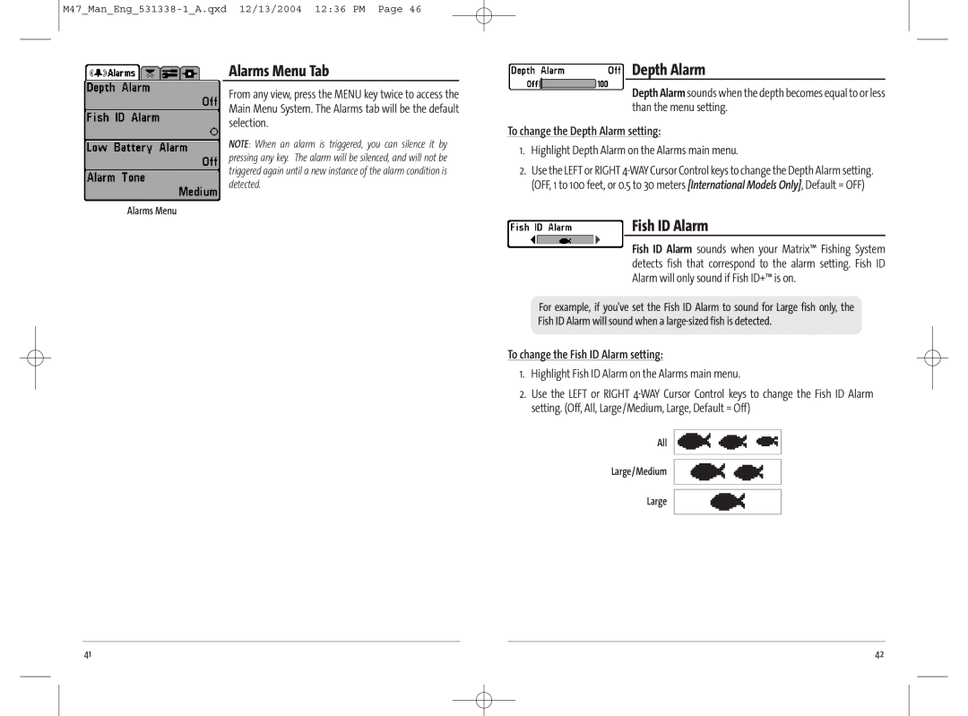 Humminbird 47, 531338-1_A Alarms Menu Tab, To change the Depth Alarm setting, To change the Fish ID Alarm setting 