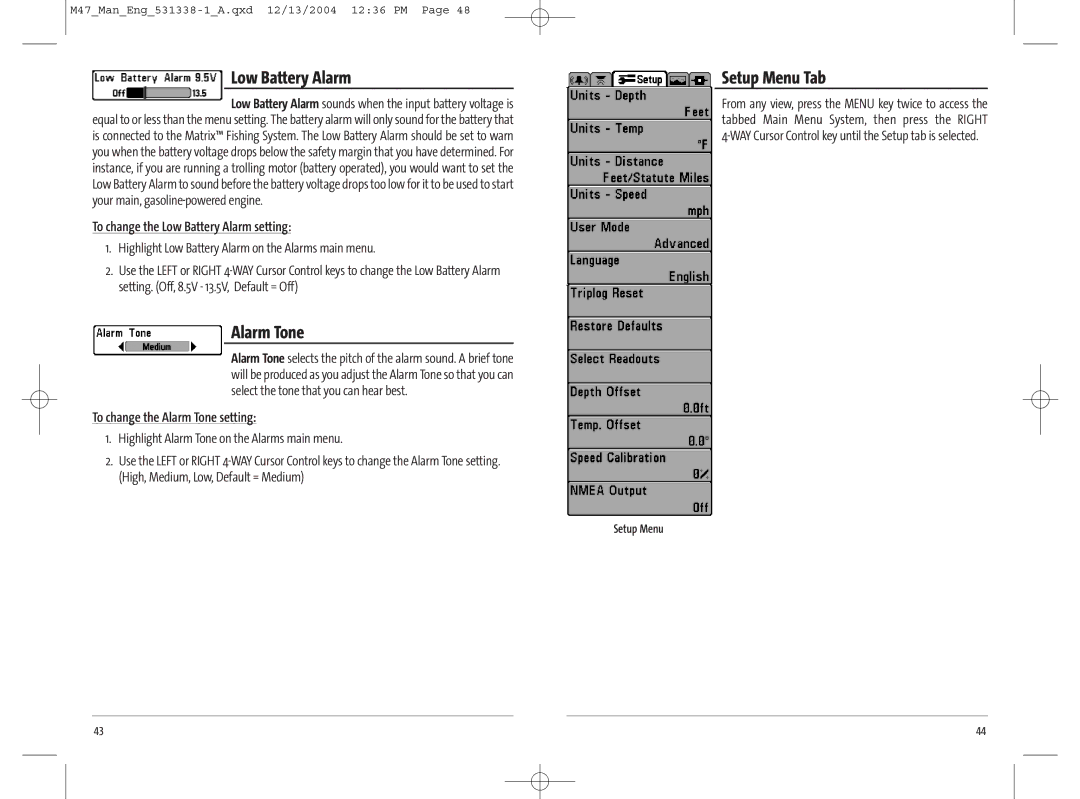 Humminbird 531338-1_A, 47 manual Alarm Tone, Setup Menu Tab, To change the Low Battery Alarm setting 