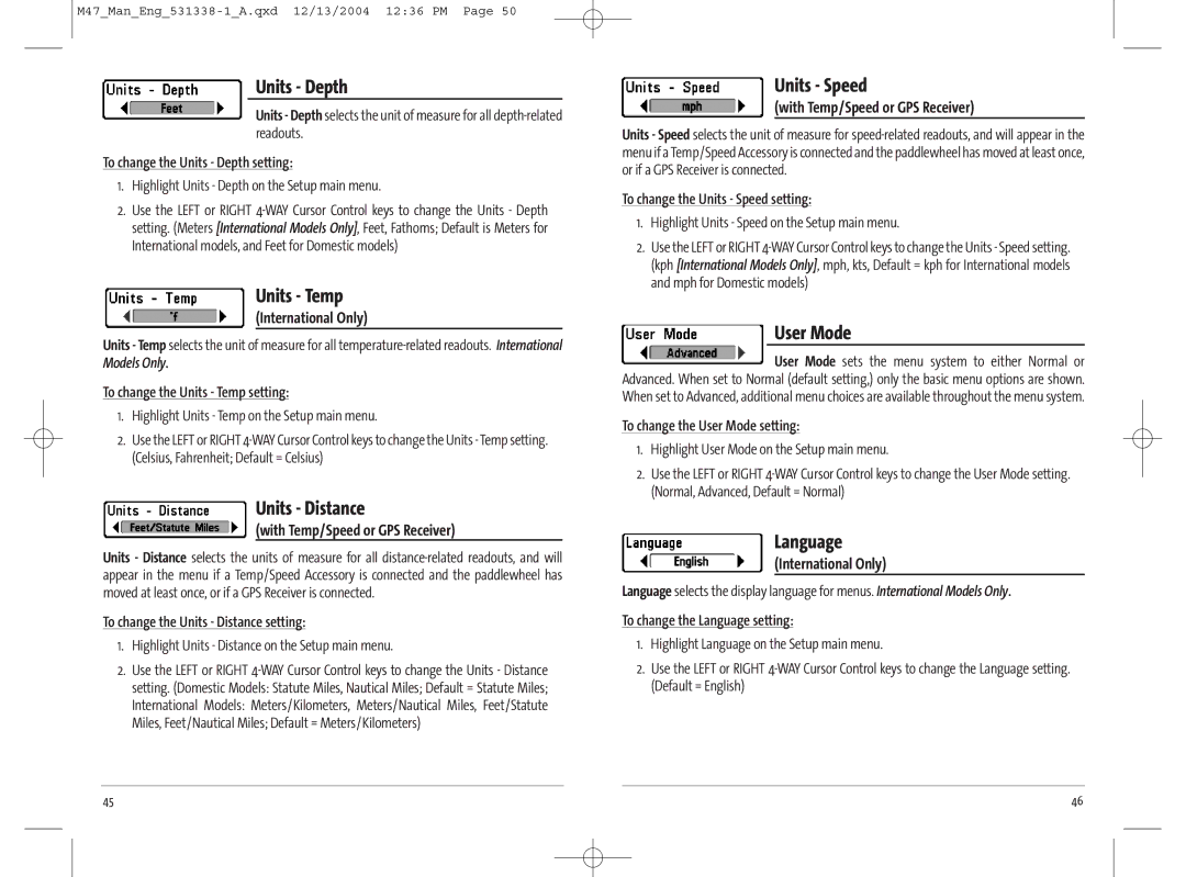 Humminbird 47, 531338-1_A manual Units Depth, Units Temp, Units Distance, Units Speed, User Mode, Language 