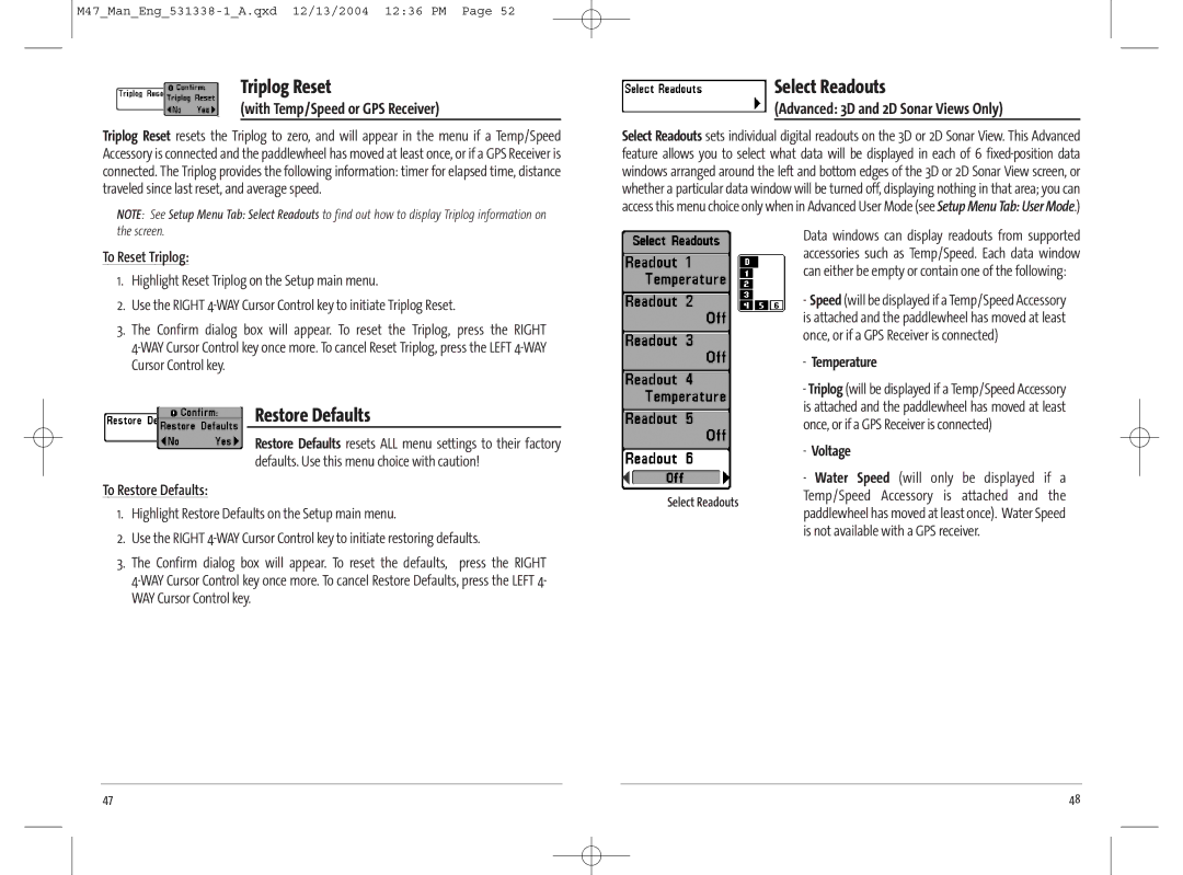 Humminbird 531338-1_A, 47 manual Triplog Reset, Restore Defaults, Select Readouts 