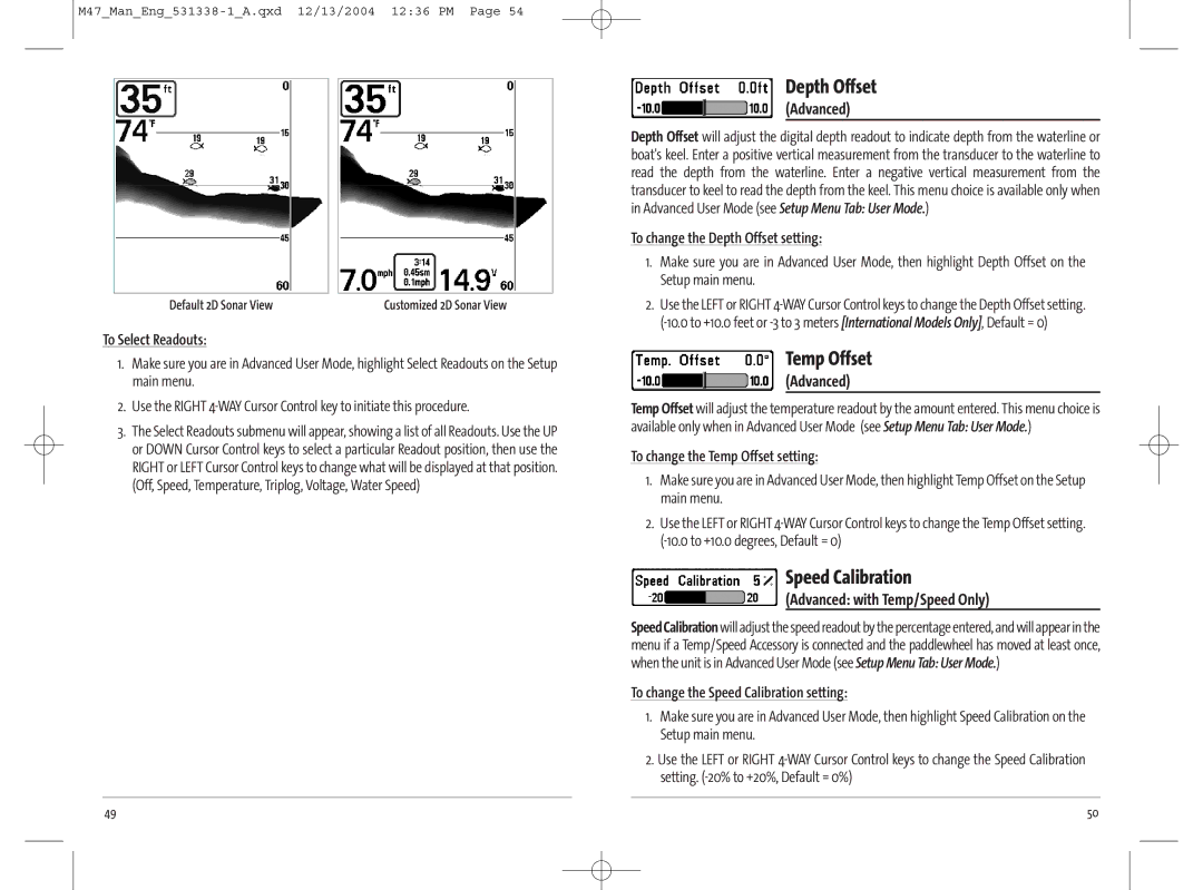 Humminbird 47, 531338-1_A manual Depth Offset, Temp Offset, Speed Calibration 