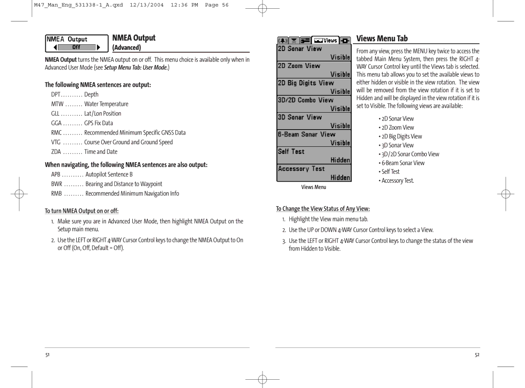 Humminbird 531338-1_A, 47 manual Views Menu Tab, Following Nmea sentences are output, To turn Nmea Output on or off 