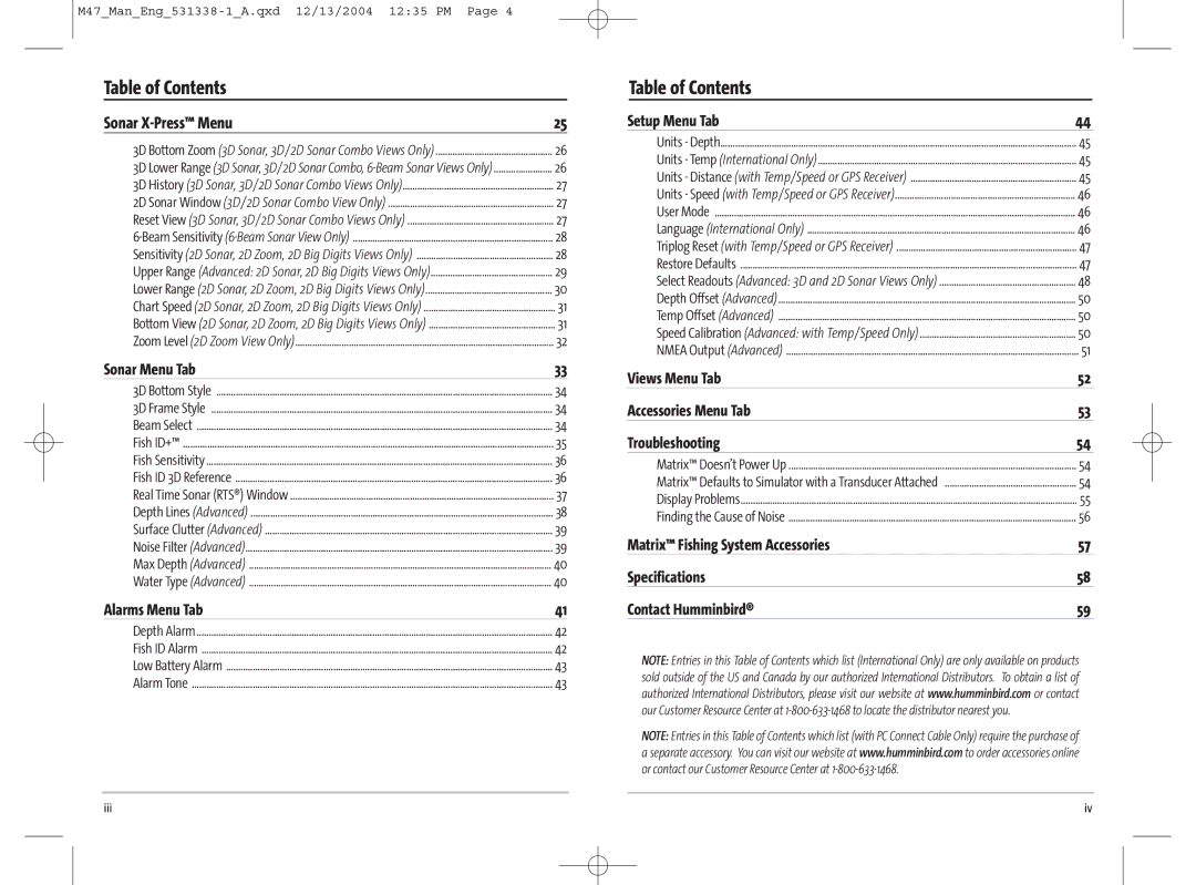 Humminbird 531338-1_A Sonar Menu Tab, Alarms Menu Tab, Setup Menu Tab, Views Menu Tab Accessories Menu Tab Troubleshooting 