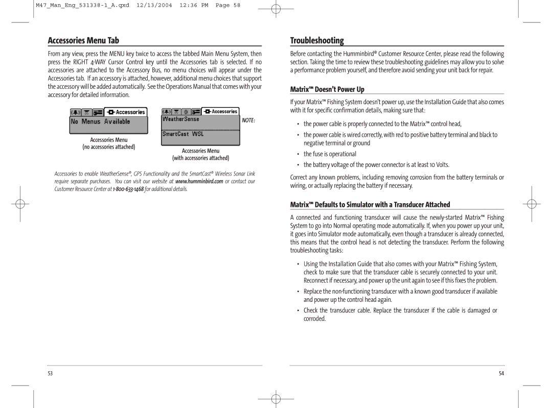 Humminbird 47, 531338-1_A manual Accessories Menu Tab, Troubleshooting, Negative terminal or ground, Fuse is operational 