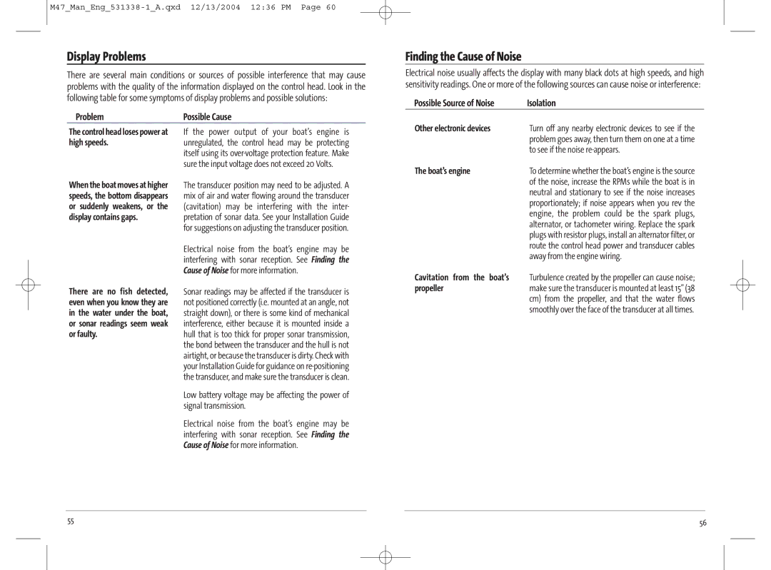 Humminbird 531338-1_A, 47 manual Display Problems, Finding the Cause of Noise, Problem Possible Cause, Isolation 