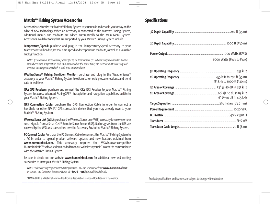 Humminbird 47, 531338-1_A manual Matrix Fishing System Accessories, Specifications 