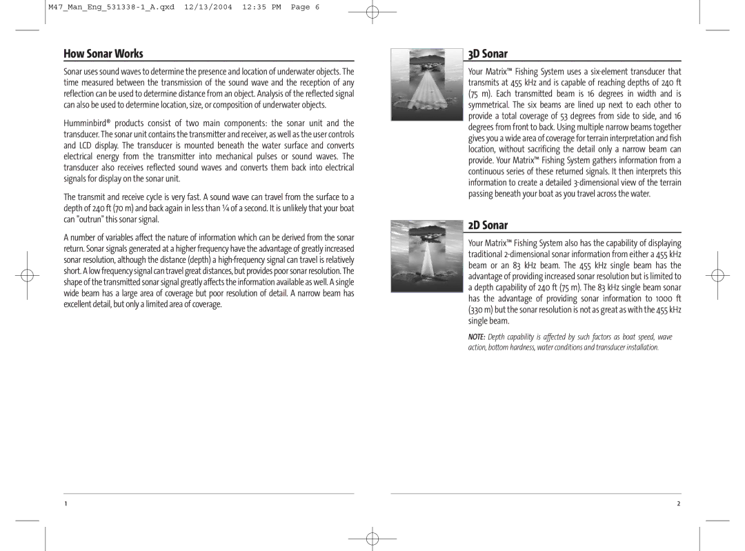 Humminbird 47, 531338-1_A manual How Sonar Works, 3D Sonar, 2D Sonar 