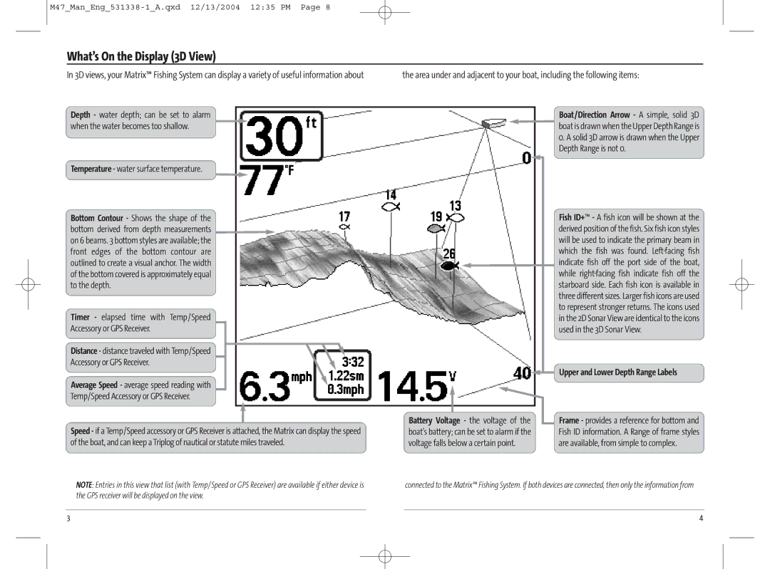 Humminbird 531338-1_A, 47 manual What’s On the Display 3D View, Temperature water surface temperature 