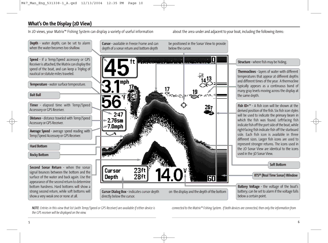 Humminbird 47, 531338-1_A manual What’s On the Display 2D View, Below the cursor 